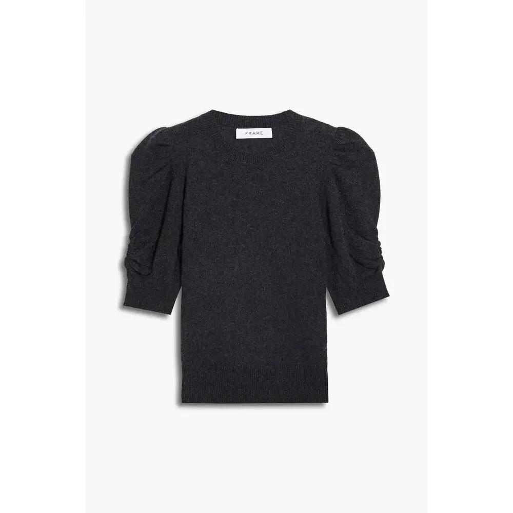 Frame Frankie Ruched Mélange Cashmere Sweater Grey Small Crew